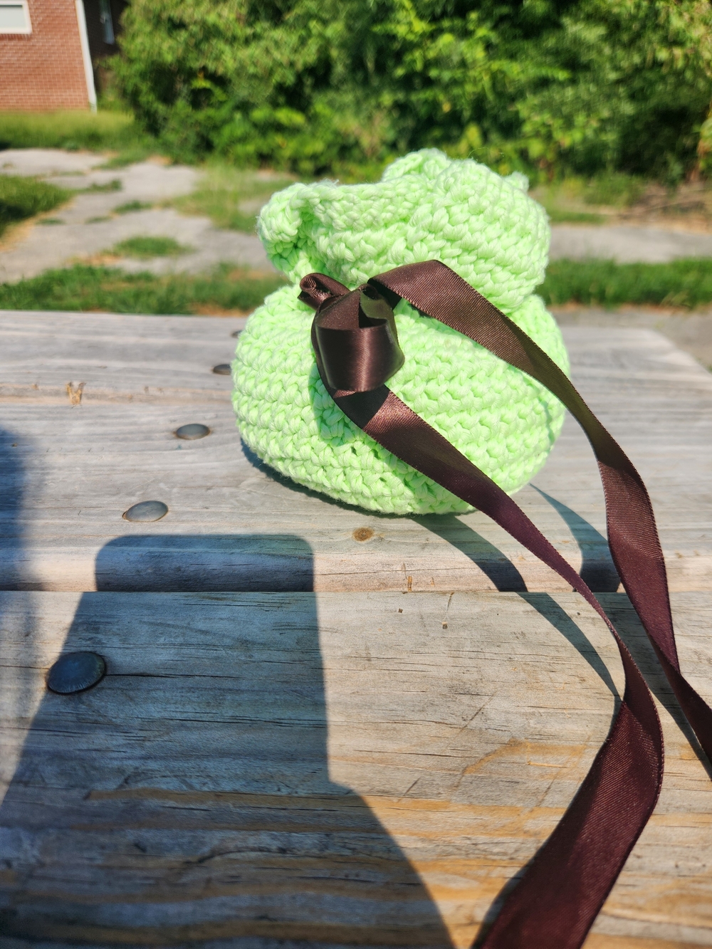 Handmade Crocheted Lime Green Drawstring Pouch with Brown Ribbon